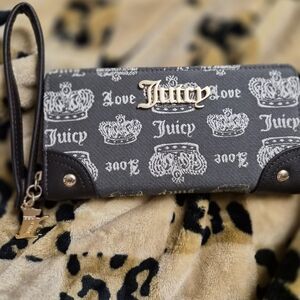 Juicy Couture Black Crown Print Zip Wristlet/ Wallet with Gold Hardware